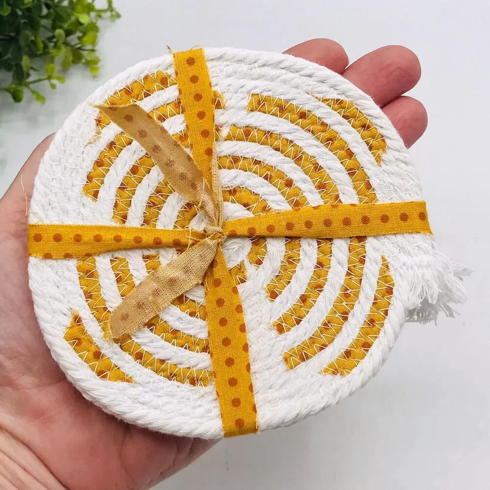 One Set of 4 Rope Coffee Coasters Cotton Fall Orange Dots Sunroom Cottage 4.25